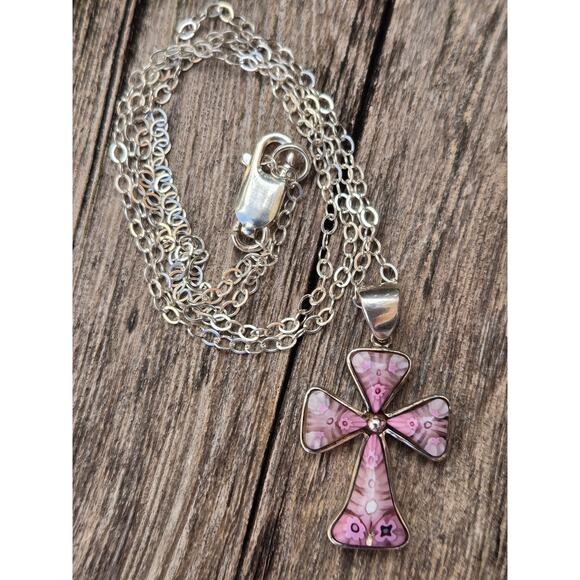Vintage Alan K Millefiori of Venice Sterling Silver Pink Cross Pendant Necklace - Picture 7 of 10